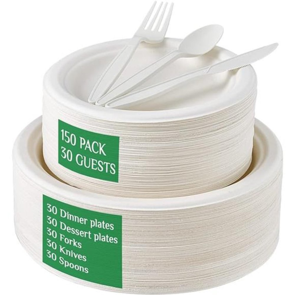 150 Count Compostable Paper Plates and Utensils 30 Guest, Heavy-Duty Disposable